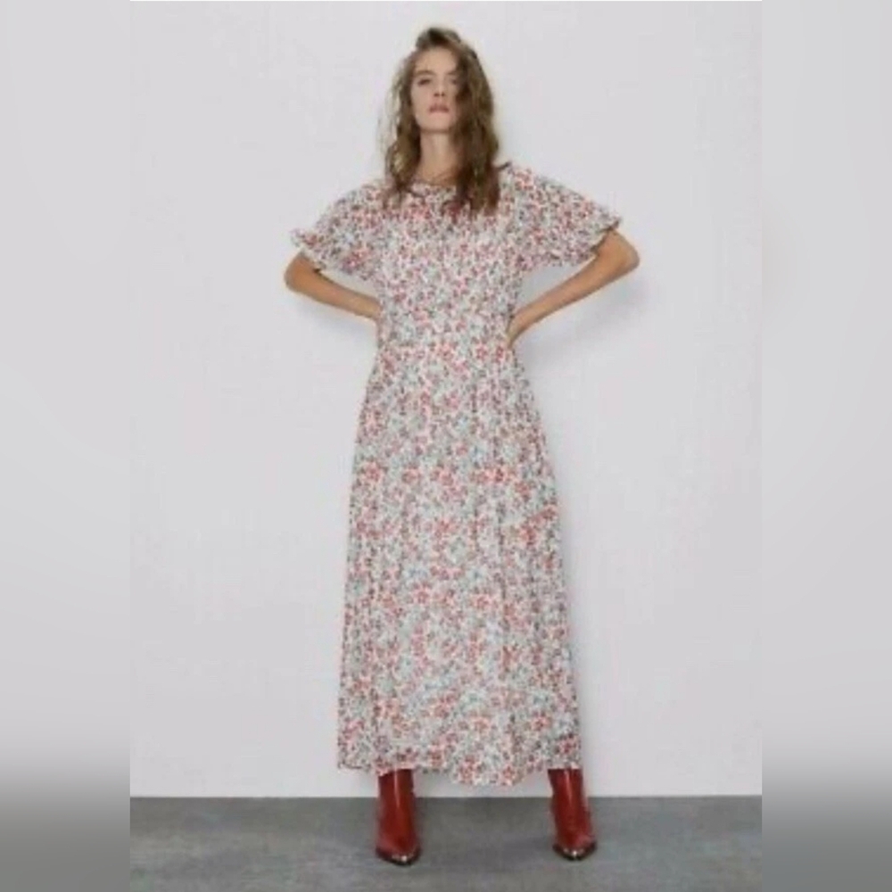 Zara Floral Mesh Maxi Dress Short Slevee Smocked Top Cattage Boho Grunge Size S